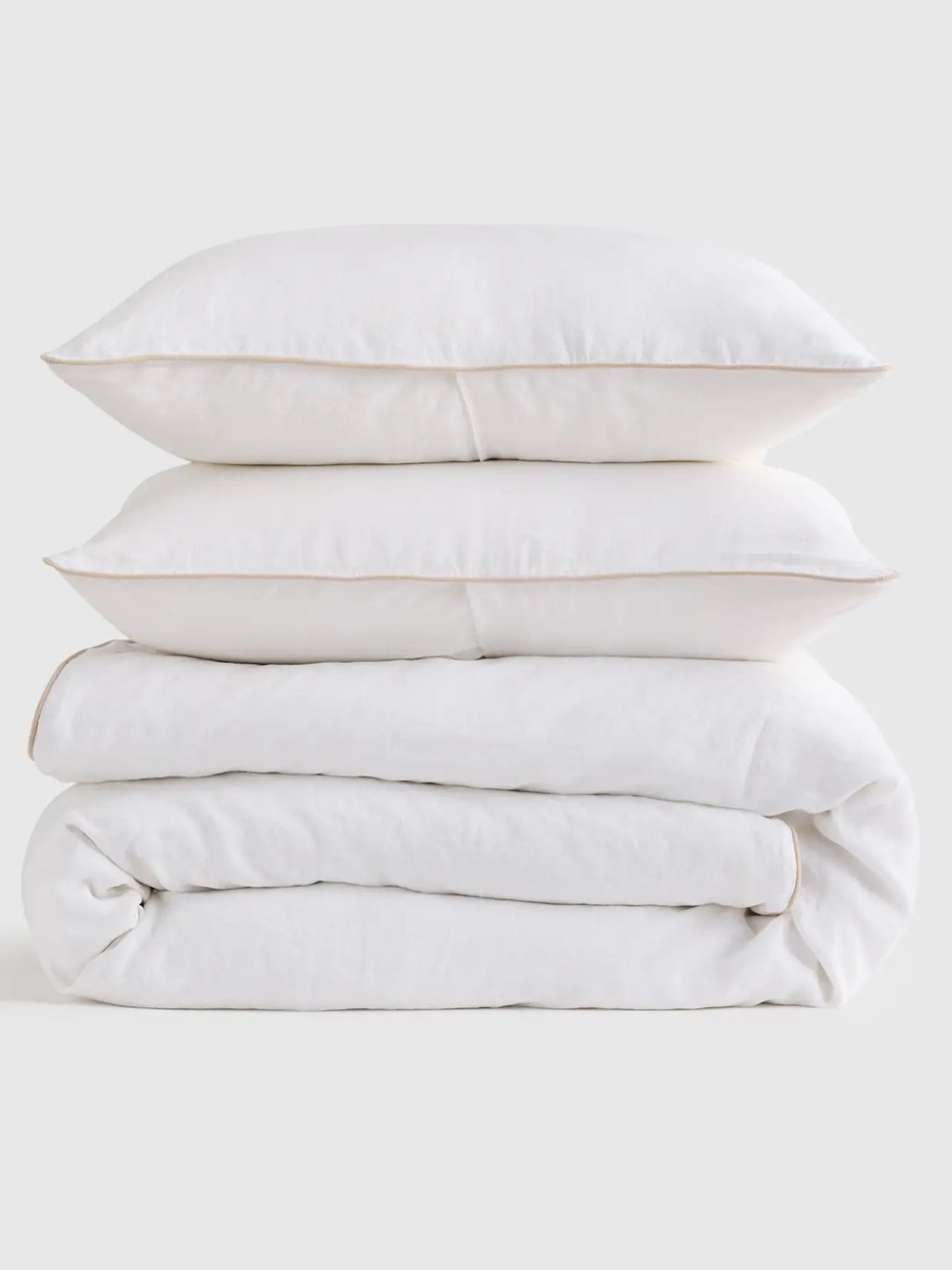 Quince European 100% Linen Piped Duvet Cover Set White W/ Toffee Full/Queen